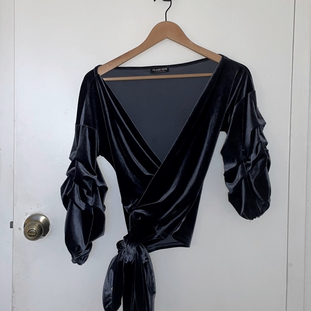 velvet wrap blouse.